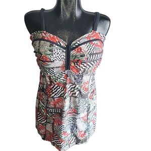 Ile Moorea Colorful Leaf Patterned One Piece Swim Dress Size XL